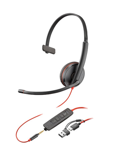 HP Poly Blackwire 3215 Monaural USB-C Headset +3.5mm Plug +USB-C/A Adapter